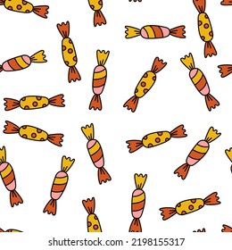 Halloween seamless pattern with candy. Creepy and scary background. Retro doodle halloween background
