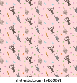 Halloween seamless pattern, candy, skull, candle light, tree, cat, moon and star