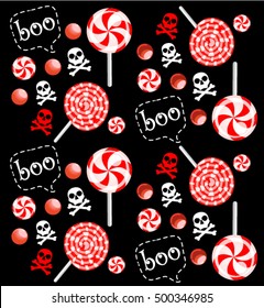 Halloween seamless pattern with candy, skull etc on black background. Set of halloween icons. Halloween symbols. Vector illustration.