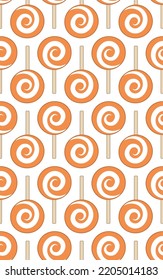 Halloween, seamless pattern with candy sweets on stick lollipop. Endless background, decor elements, color fabric, textile, wallpaper. Vector illustration.