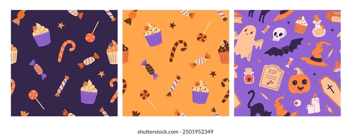 Halloween seamless pattern with candy, sweets, ghost and pumpkin. Trick or treat. 