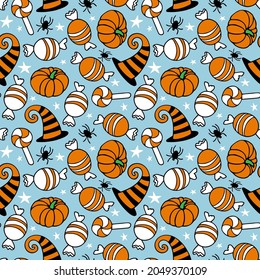 Halloween Seamless pattern with candy, witch hat, pumpkin, spider. Funny Happy Halloween cartoon vector repeated Illustration on blue background for celebratory textile, wrapping paper, wallpaper.