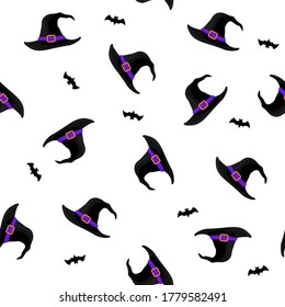 Halloween seamless pattern with cap and bat. Black witch and wizards hat with belt. Vector illustration in flat style.