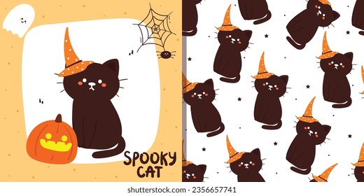 Patrón y tarjeta sin fisuras de Halloween con calabaza de dibujos animados, gato y elemento de halloween. papel pintado lindo de halloween y tarjeta para el tema de las vacaciones, papel de envoltura de regalo