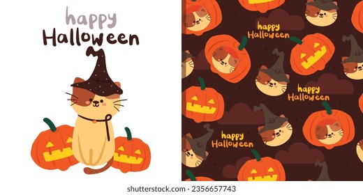 Halloween seamless pattern and card with cartoon pumpkin, cat, and halloween element. cute halloween wallpaper and card for holiday theme, gift wrap paper