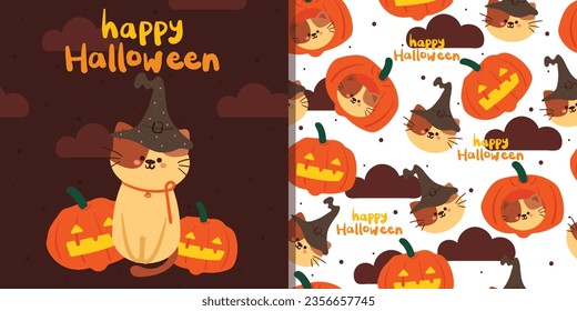 Halloween seamless pattern and card with cartoon pumpkin, cat, and halloween element. cute halloween wallpaper and card for holiday theme, gift wrap paper