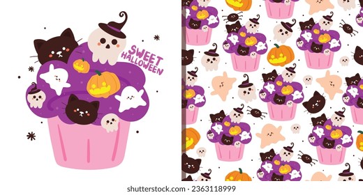 Halloween seamless pattern and card with cartoon cupcake, and halloween element. cute halloween wallpaper and card for holiday theme, gift wrap paper