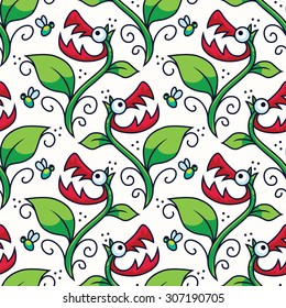 Halloween seamless pattern with a carnivorous plant trying to catch a fly