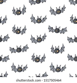 Halloween Seamless pattern with Cartoon bats. Cute vampire bat, flying mammal holiday backdrop texture. Cartoon vector elements isolated on white background. Bat flapping wings