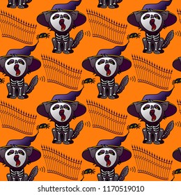Halloween seamless pattern. Cartoon black cat sitting and meowing near the fence. Halloween vector. Cat in hat and suit of a skeleton on the orange background.