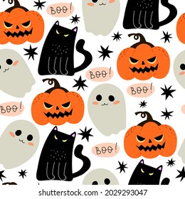 Halloween seamless pattern with cartoon cat, ghost, pumpkin, decoration elements. Colorful vector flat style. holiday theme. hand drawing. design for fabric, print, wrapper, textile