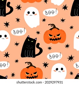 Halloween seamless pattern with cartoon cat, ghost, pumpkin, decoration elements. Colorful vector flat style. holiday theme. hand drawing. design for fabric, print, wrapper, textile