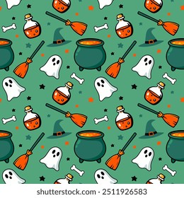 Halloween Seamless Pattern with Cartoon Cauldrons, Witches Hats, Ghosts, Broomsticks and Bones