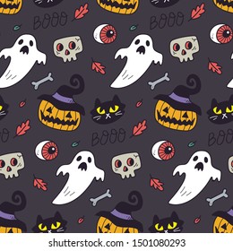 Halloween seamless pattern with halloween cartoon characters