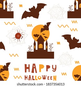 Patrón de Halloween Seamless - Caricaturas de Halloween - Murciélago, araña, castillo. Ilustración vectorial. Imprimir para fondo de escritorio, envolver papel. El patrón no contiene degradado ni máscara de recorte.