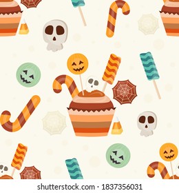 Halloween Seamless Pattern - Cartoon Halloween Characters – Pumpkin, Skull, Sweets. Vector Illustration. Print for Wallpaper, Wrapping Paper. Pattern don't contain gradient and clipping mask.