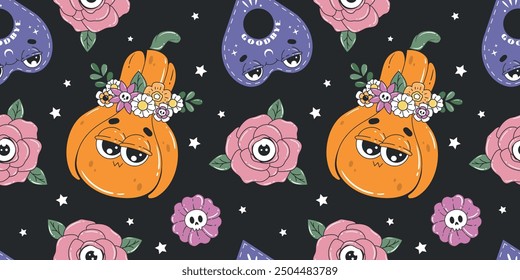 Halloween seamless pattern with cartoon characters. Retro groovy style background with pumpkin, ouija planchette, flowers.