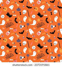 Halloween seamless pattern. Cartoon childish style. Vector illustration