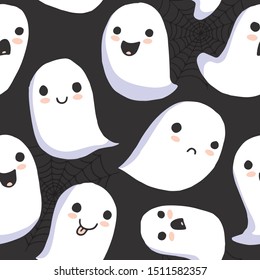 Halloween seamless pattern. Cartoon cute scary ghosts. Spooky characters