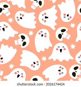 Halloween seamless pattern with cartoon ghost, skull, decoration elements. Colorful vector flat style. holiday theme. hand drawing. design for fabric, print, wrapper, textile