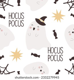 Halloween nahtloses Muster mit Cartoon-Geist, Dekorationselementen. Farbige Vektorebene. Urlaubsthema. Handzeichnung. Design für Gewebe, Druck, Wrapper, Textilien
