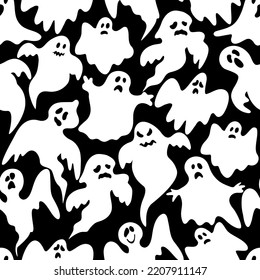 Halloween seamless pattern. Cartoon ghosts on a dark background.  Vector illustration for halloween.