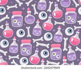Halloween seamless pattern. Cartoon illustration on a gray background. Magic poisons, witches' pink and purple potions in glass flasks and jars, bones and eyes. Design for wrapping paper, print.