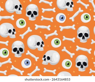 Halloween seamless pattern. Halloween cartoon illustration, skulls, bones and eyes on an orange background. Design for wrapping paper, print.
