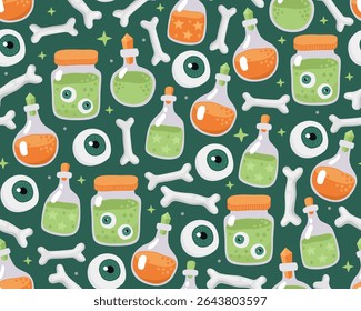 Halloween seamless pattern. Cartoon illustration on a dark green background. Magic poisons, witches' orange and green potions in glass flasks, jars, bones and eyes. Design for wrapping paper, print.