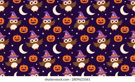 Halloween Seamless Pattern with Cartoon Owls in Witch Hats and Pumpkins. Flat vector illustration EPS 10.