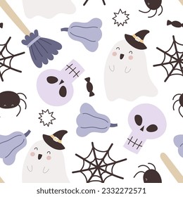 Halloween seamless pattern with cartoon pumpkin, ghost, spider, decoration elements. Colorful vector flat style. holiday theme. hand drawing. design for fabric, print, wrapper, textile