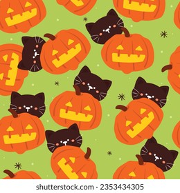 Halloween seamless pattern with cartoon pumpkin, cat, ghost, and halloween element. cute halloween wallpaper for holiday theme, gift wrap paper
