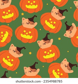 Halloween seamless pattern with cartoon pumpkin, cat, and halloween element. cute halloween wallpaper for holiday theme, gift wrap paper