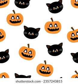 Halloween seamless pattern with cartoon pumpkin, cat, and halloween element. cute halloween wallpaper for holiday theme, gift wrap paper