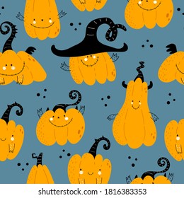 Halloween seamless pattern with cartoon pumpkins, decor elements on a neutral background. Colorful vector flat style. holiday theme. hand drawing. design for fabric, print, wrapper, textile