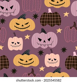 Halloween seamless pattern with cartoon pumpkins, decoration elements. Colorful vector flat style. holiday theme. hand drawing. design for fabric, print, wrapper, textile