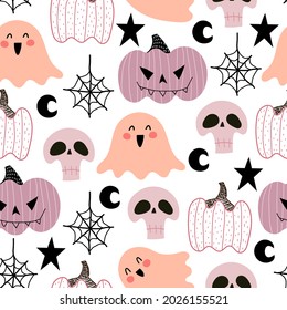 Halloween seamless pattern with cartoon pumpkins, ghost, skull, decoration elements. Colorful vector flat style. holiday theme. hand drawing. design for fabric, print, wrapper, textile