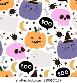 Patrón ininterrumpido de Halloween con calabazas de dibujos animados, calaveras, gatos, fantasmas, elementos decorativos. Estilo plano vectorial colorido. tema de vacaciones. dibujo a mano. diseño para tela, impresión, envoltura, textil