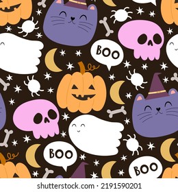 Patrón ininterrumpido de Halloween con calabazas de dibujos animados, calaveras, gatos, fantasmas, elementos decorativos. Estilo plano vectorial colorido. tema de vacaciones. dibujo a mano. diseño para tela, impresión, envoltura, textil