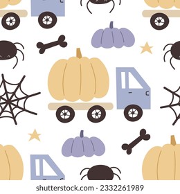 Halloween seamless pattern with cartoon pumpkins car, decor element. Colorful vector flat style. holiday theme. hand drawing. design for fabric, print, wrapper, textile	
