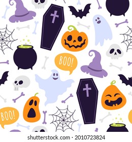 Halloween seamless pattern. Cartoon scary ghosts, orange pumpkins, bones, witch hat, coffin and skulls. Autumn spooky holiday vector print. Illustration seamless pattern background with ghost