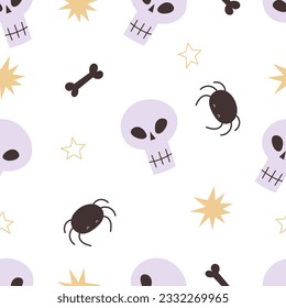 Halloween seamless pattern with cartoon skull, spider,  decoration elements. Colorful vector flat style. holiday theme. hand drawing. design for fabric, print, wrapper, textile
