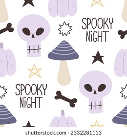 Halloween seamless pattern with cartoon skull, mushroom, decoration elements. Colorful vector flat style. holiday theme. hand drawing. design for fabric, print, wrapper, textile
