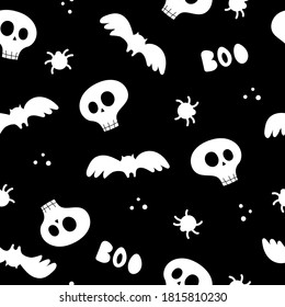 Halloween seamless pattern with cartoon skulls, bats, spider  on a neutral background. Colorful vector flat style. holiday theme. hand drawing. design for fabric, print, wrapper, textile