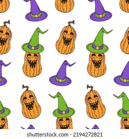 Halloween seamless pattern with cartoon smiling pumkins on white background