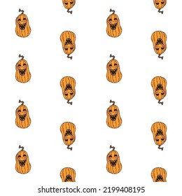 Patrón ininterrumpido de Halloween con calabazas sonrientes en dibujos animados sobre fondo blanco