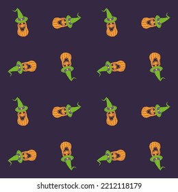 Halloween seamless pattern with cartoon smiling pumkins on purple background