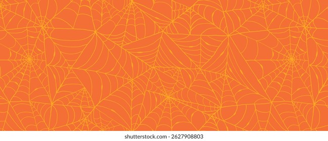 Halloween Seamless Pattern with Cartoon Spider Web Isolated on Orange Background. Doodle arachnid web perfect for cards, party invitations, web