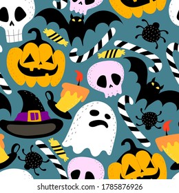 Halloween seamless pattern with cartoon thematic elements on a neutral background. Colorful vector flat style. holiday theme. hand drawing. design for fabric, print, wrapper, textile