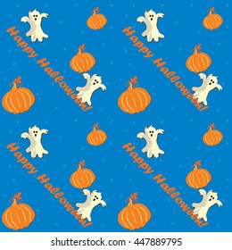 Halloween seamless pattern with cartooned ghosts and pumpkins. Print colors used